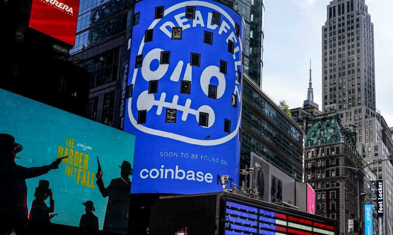 cityscape with financial district and digital billboards displaying crypto data