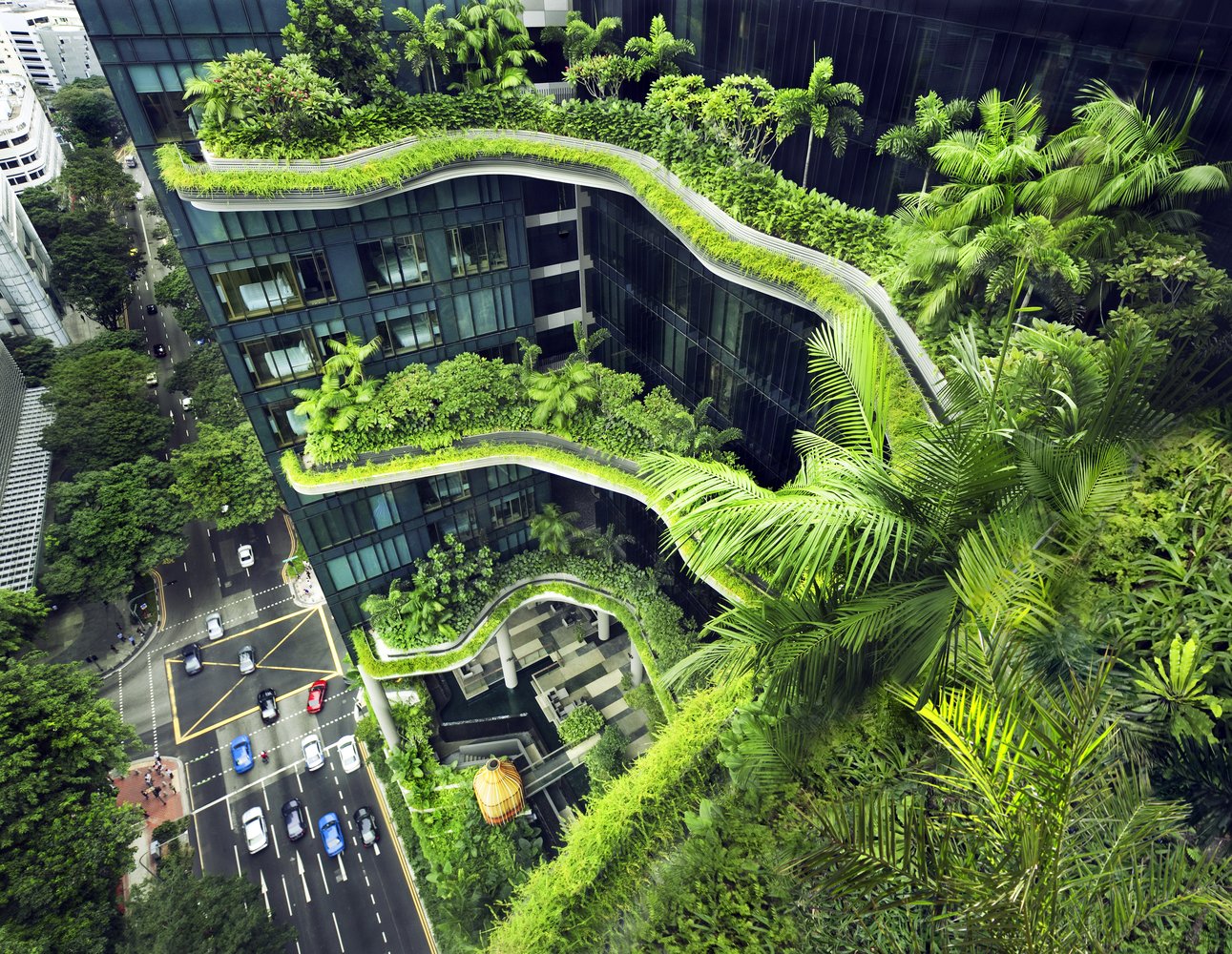 sustainable hotel building and green landscape