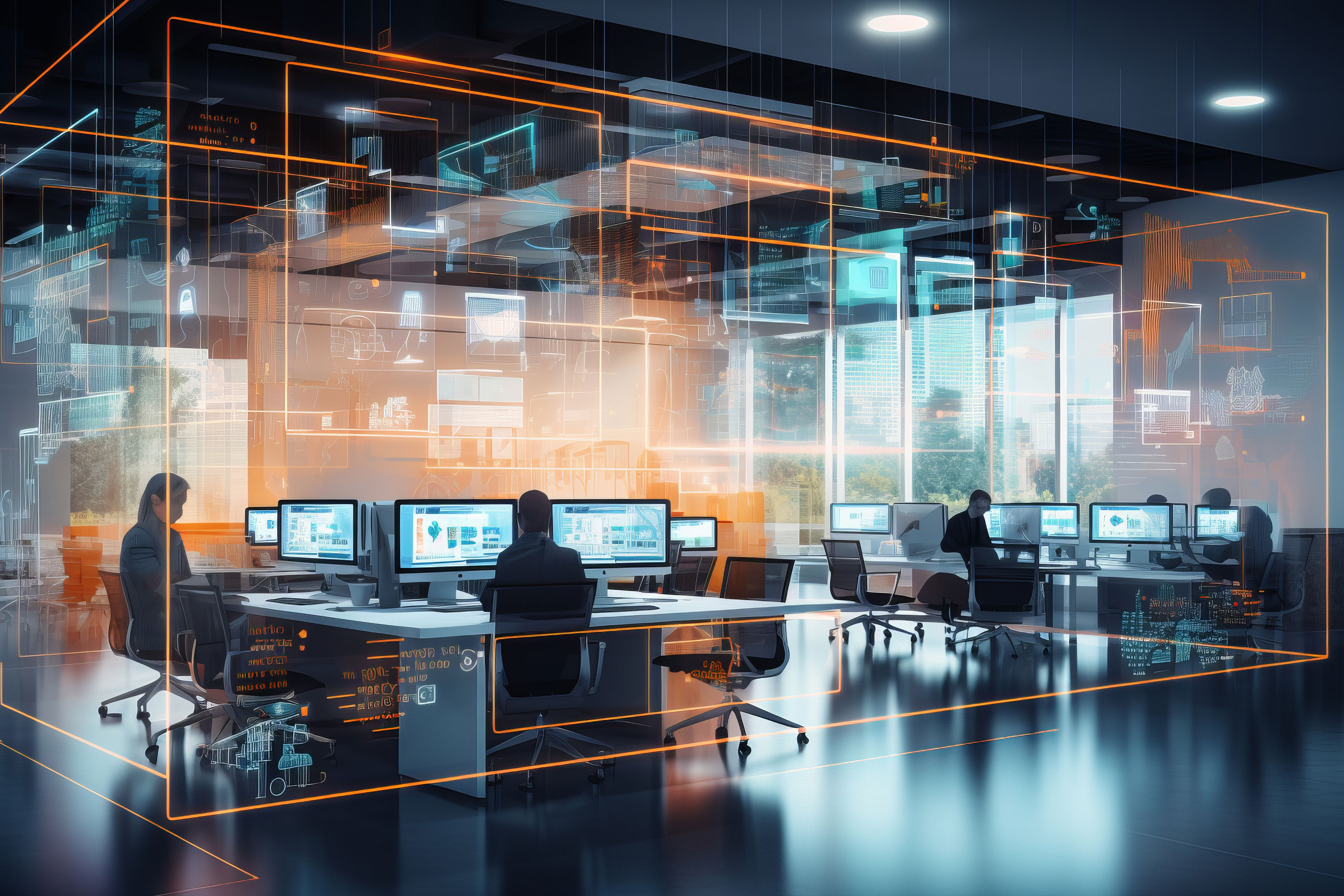 digital modern office with cybersecurity elements