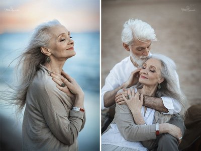elderly couple expressing love outdoors