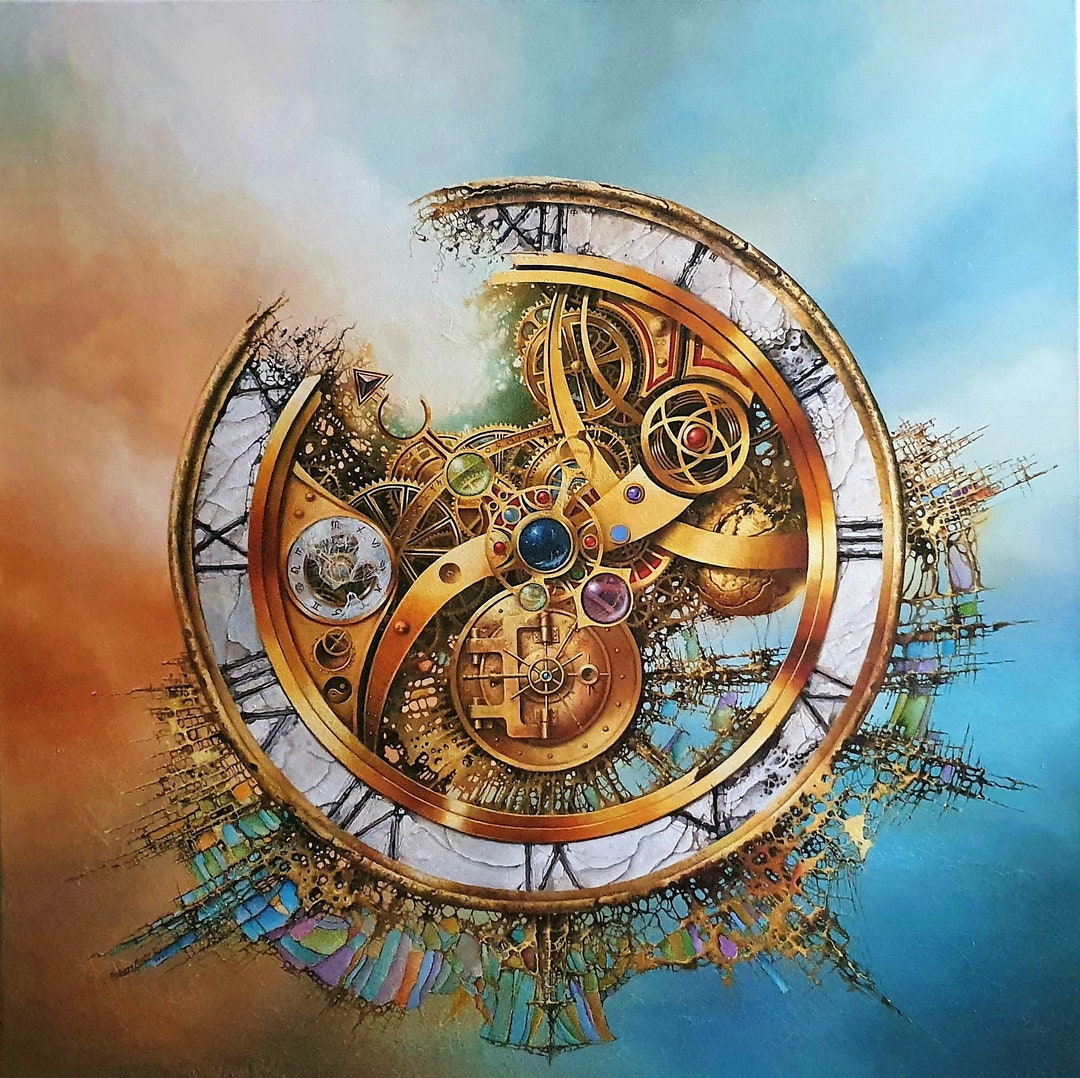 surreal art painting, clocks, abstract textures