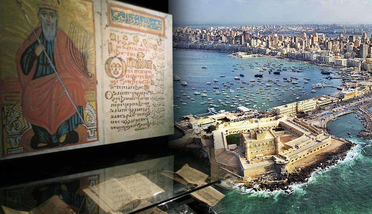 ancient manuscript and modern cityscape