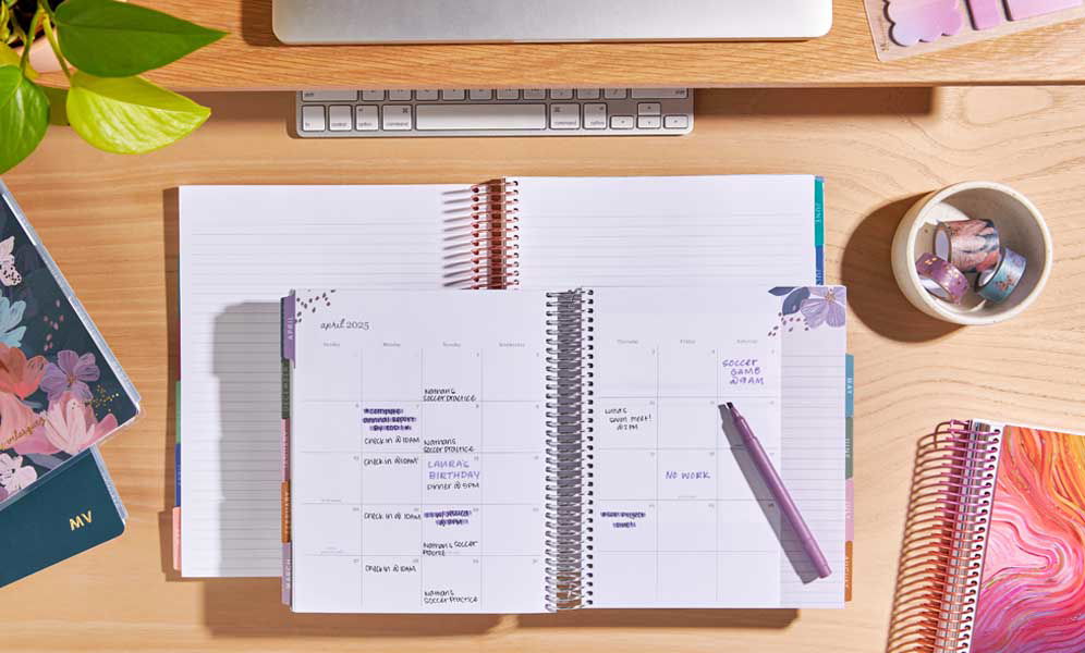 calendar, desk with planner, real world date planner