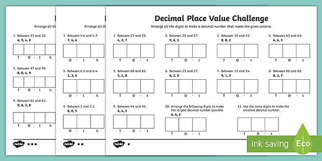 decimal worksheets educational classroom activity