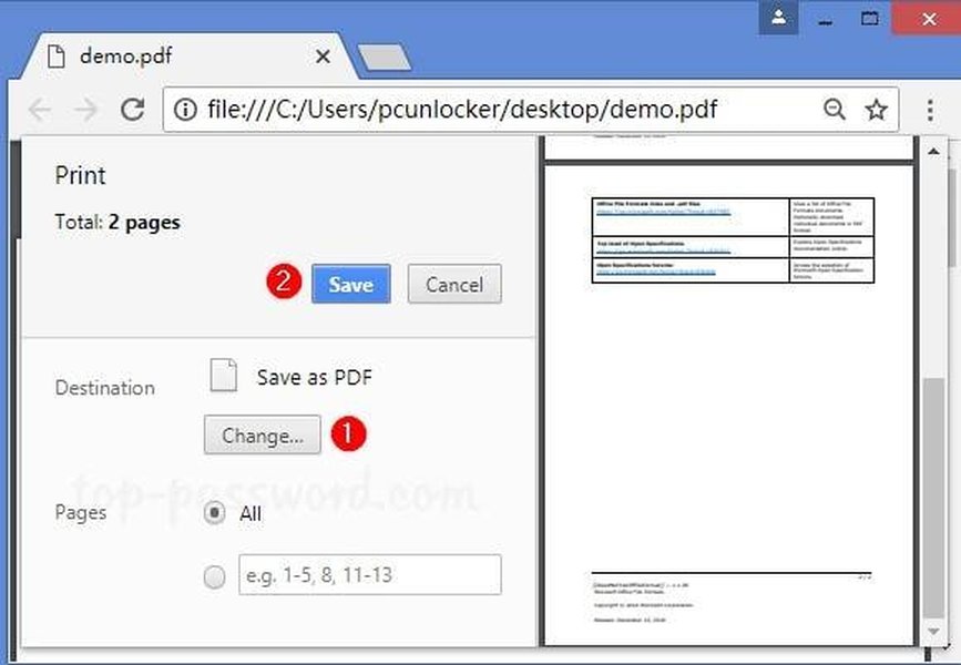 Interfaz de herramienta online para eliminar permisos de PDF
