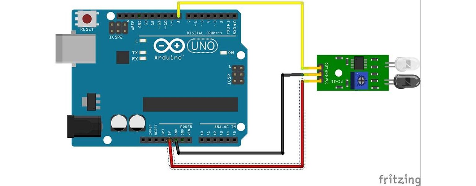 Diagrama de conexiones básicas entre un sensor IR, un LED y Arduino en una protoboard. Diagrama de conexiones básicas entre un sensor IR, un LED y Arduino en una protoboard.