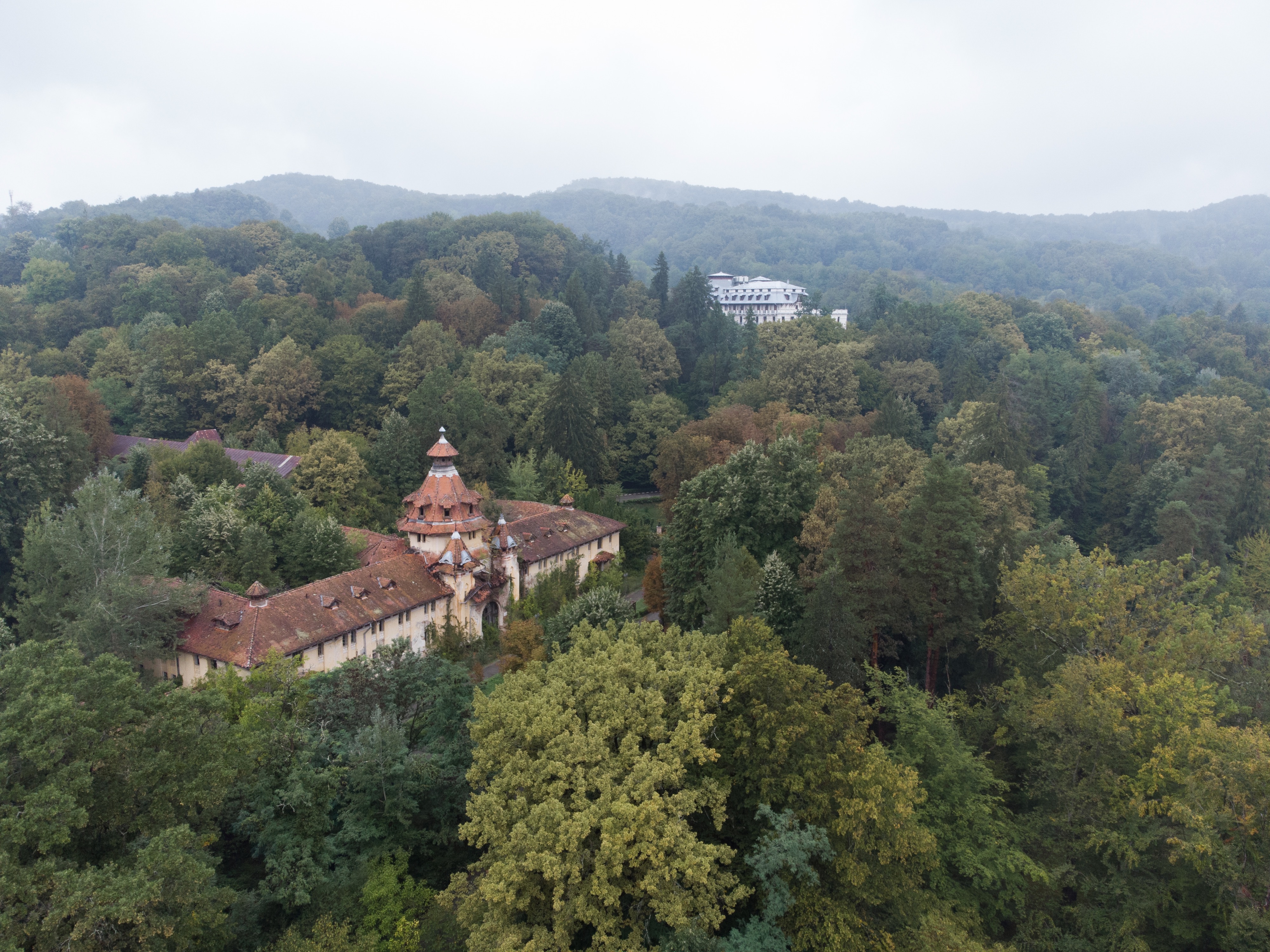 scenic panorama of hospital research labs and natural landscapes