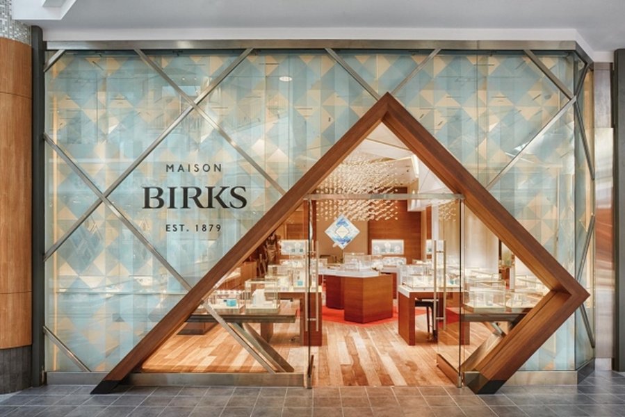 Elegant storefront of Birks, a luxury jewellery store