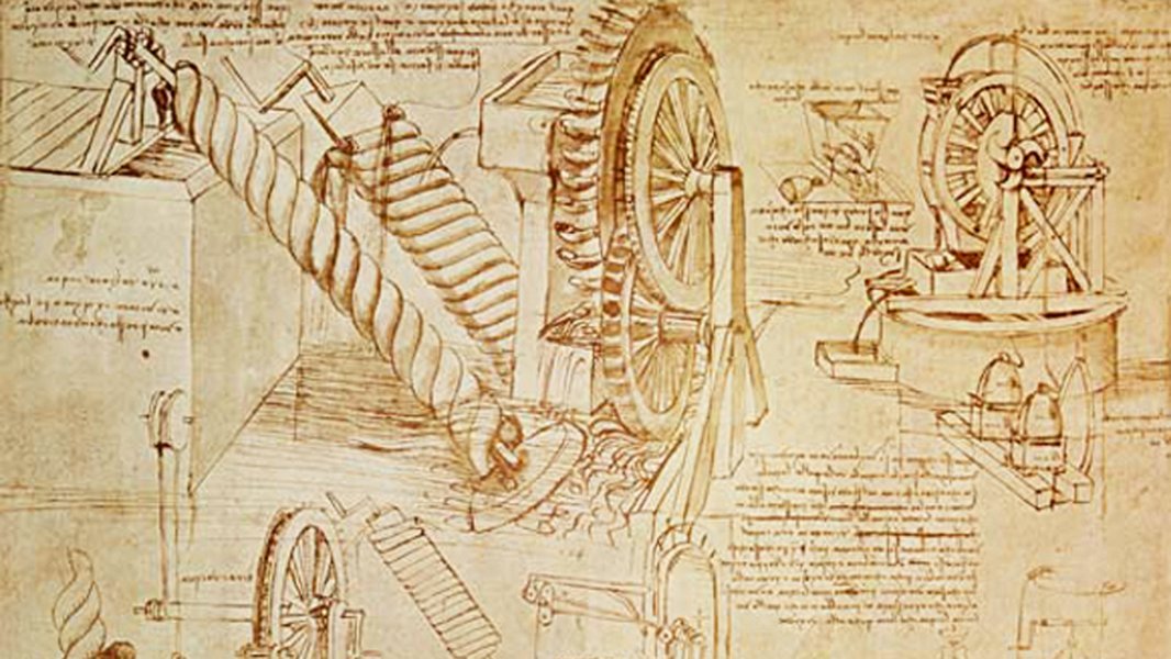 Dibujo de una noria por Leonardo da Vinci