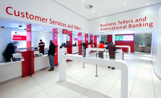 bank service counters and customers