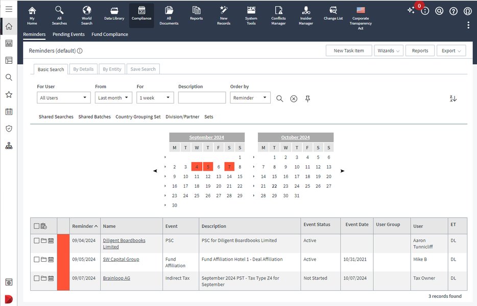 Screenshot of Diligent entity management software interface displaying an organizational chart