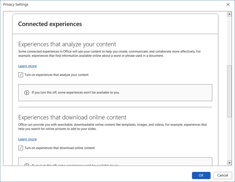 Screenshot showing Microsoft 365 connected experiences privacy settings