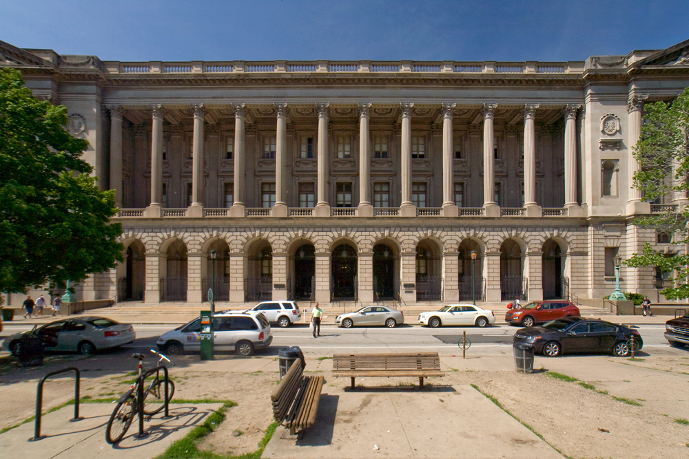 scenic images of family, courthouse, school building