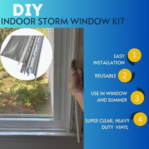 A packaging box for a RuxEco Interior Storm Window Kit, showing the components and benefits.