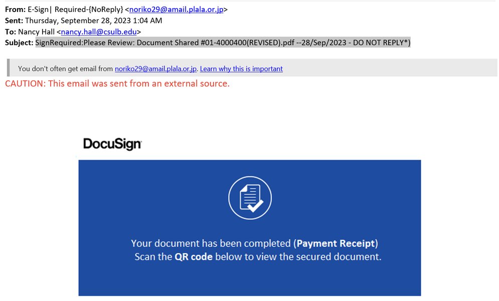 Screenshot of a fake DocuSign email subject line often used in phishing.