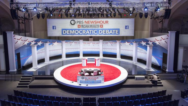 political rally, dramatic stage, TV drama set