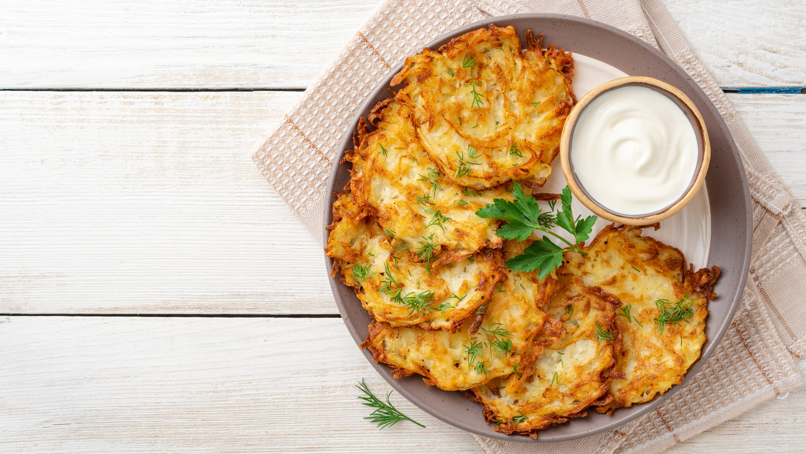 fresh fried draniki on plate with herbs