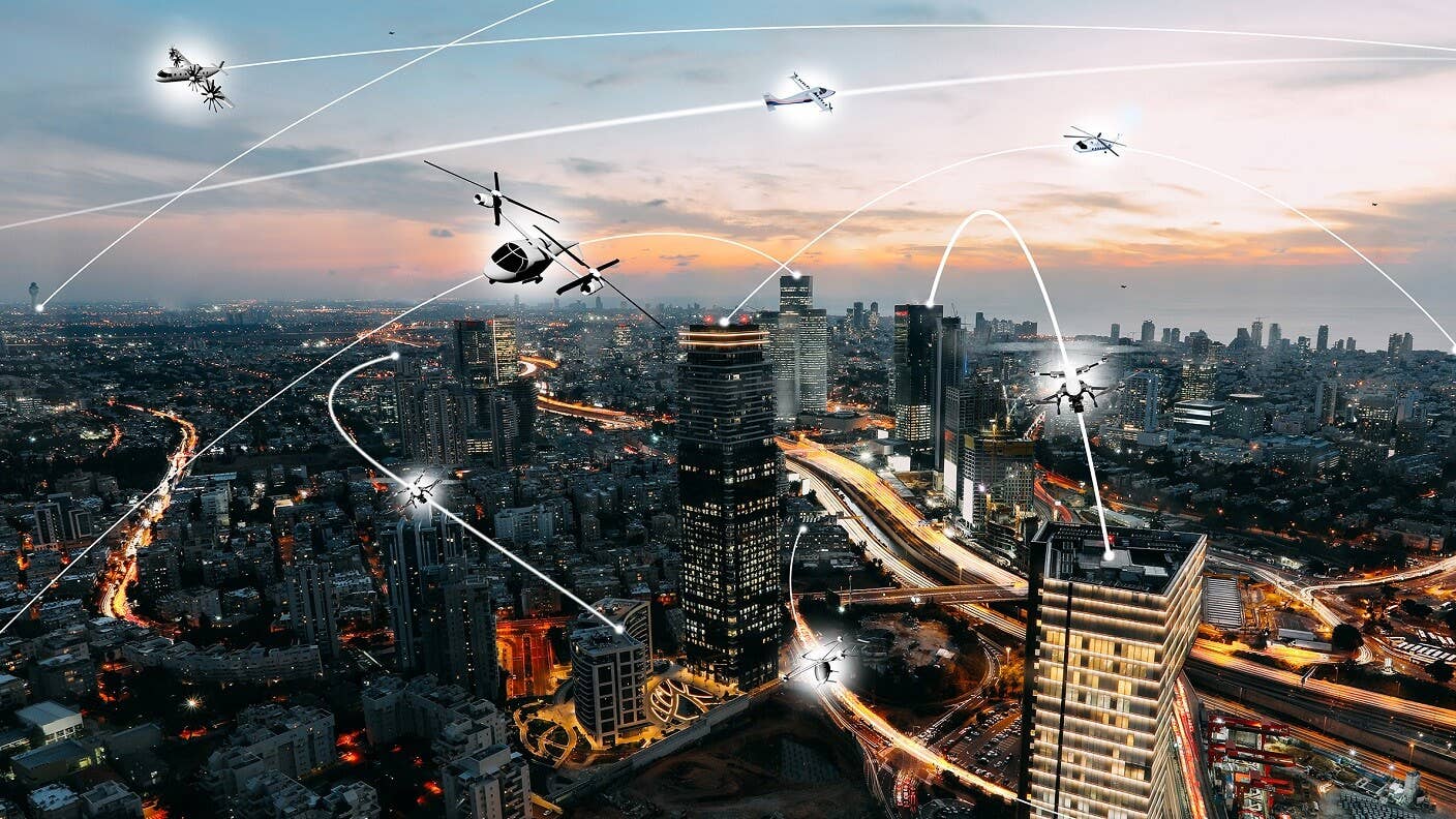 drone flying urban skyline