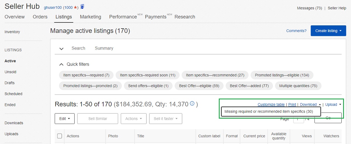 eBay products on display tables and charts