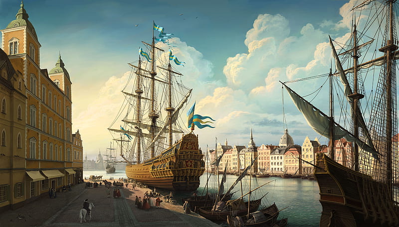 vintage trade ships harbor