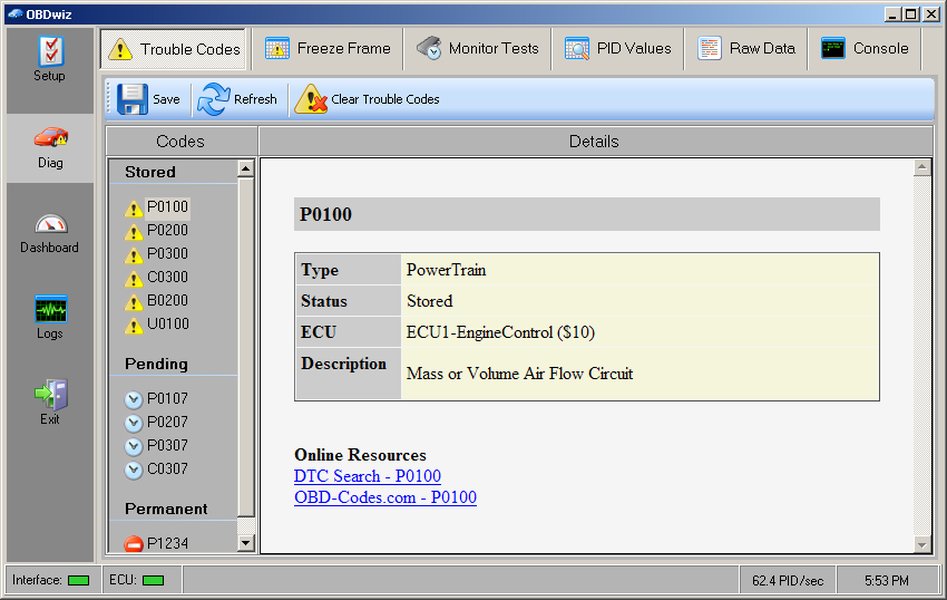 诊断故障码读取界面示例