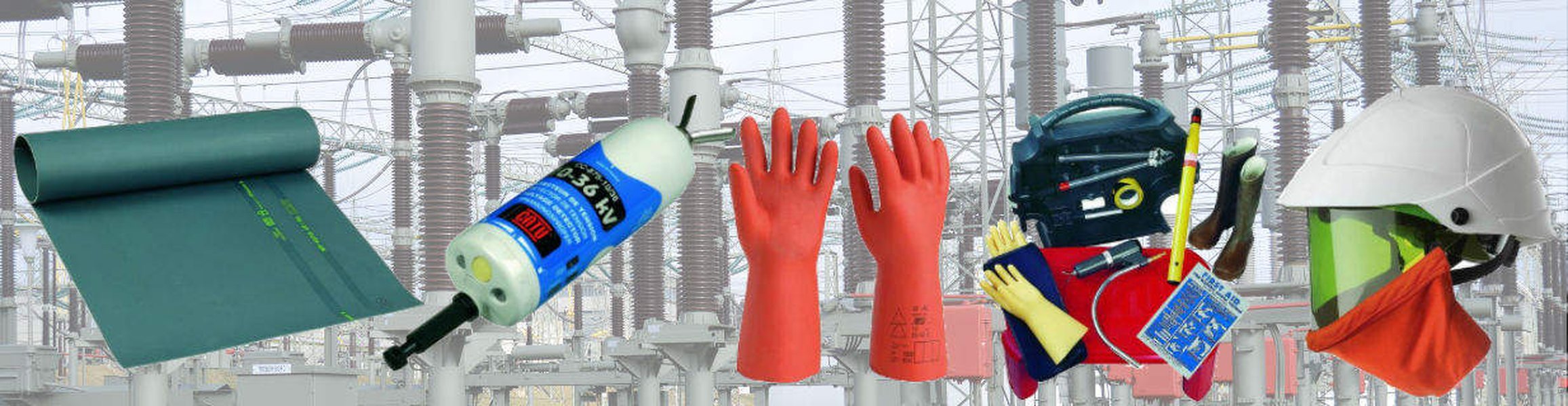 Various electrical safety PPE including gloves, hard hat, face shield, and insulated tools