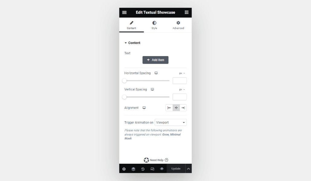 Example of an advanced text widget settings panel (Textual Showcase)