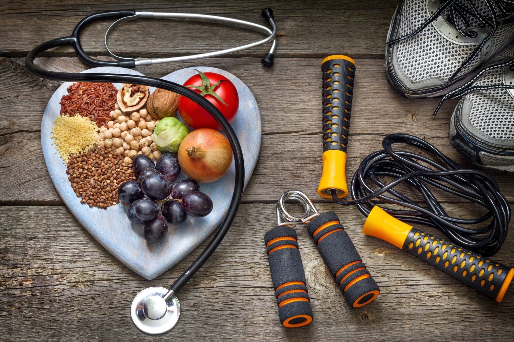 physical fitness gym equipment and healthy foods