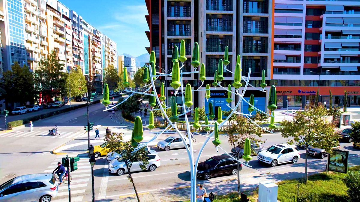 solar panels wind turbines smart building urban landscape