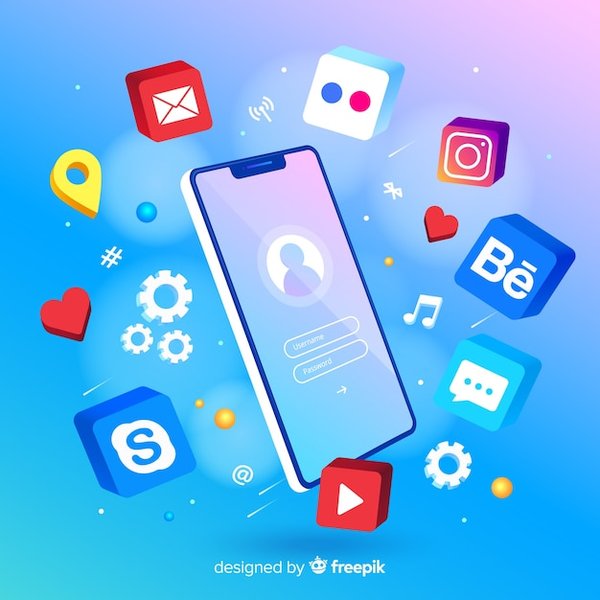 Teléfono móvil rodeado de iconos de aplicaciones
