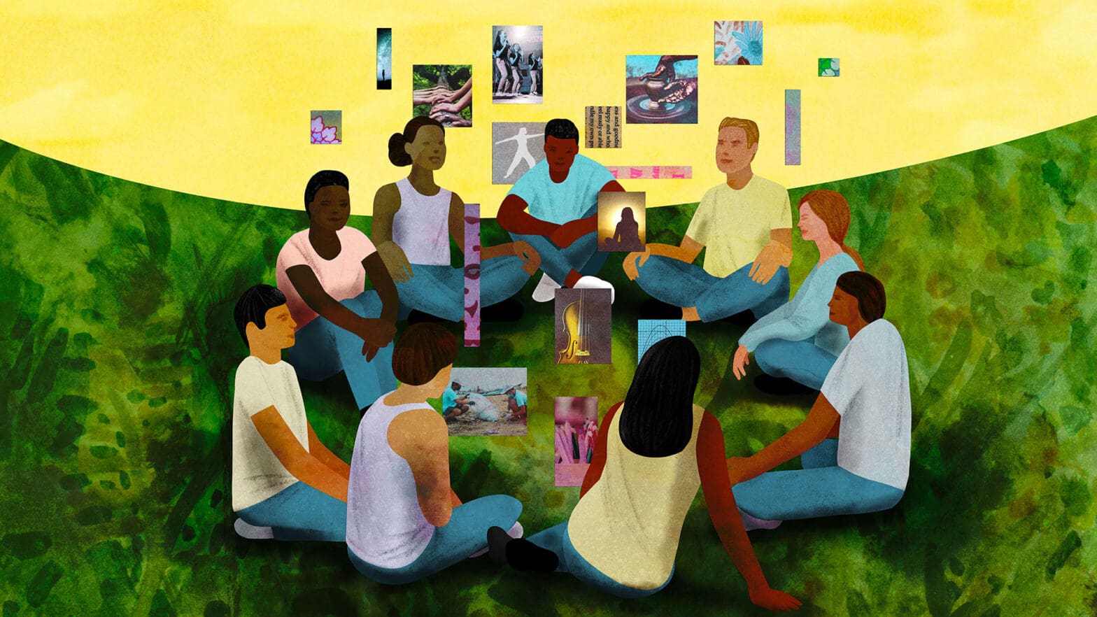 scenic green field with school and community health icons