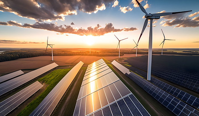 scenic renewable energy wind turbines and solar panels