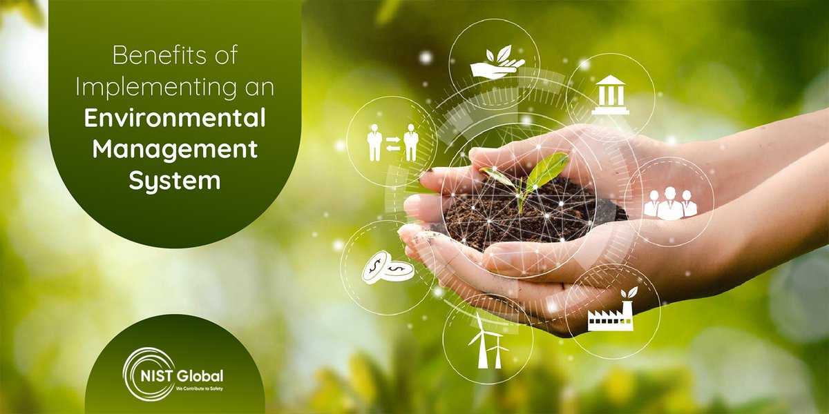 Infographic illustrating various benefits of implementing an Environmental Management System, such as compliance and reputation.