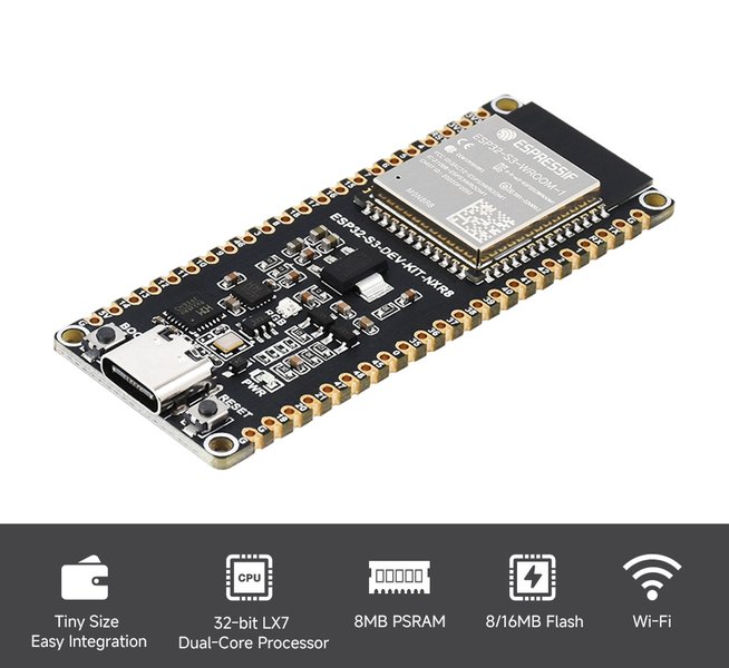 Un ejemplo de placa de desarrollo ESP32-S3 con antena Wi-Fi y Bluetooth integrada. Un ejemplo de placa de desarrollo ESP32-S3 con antena Wi-Fi y Bluetooth integrada.