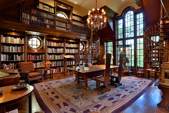 scenic library wooden table