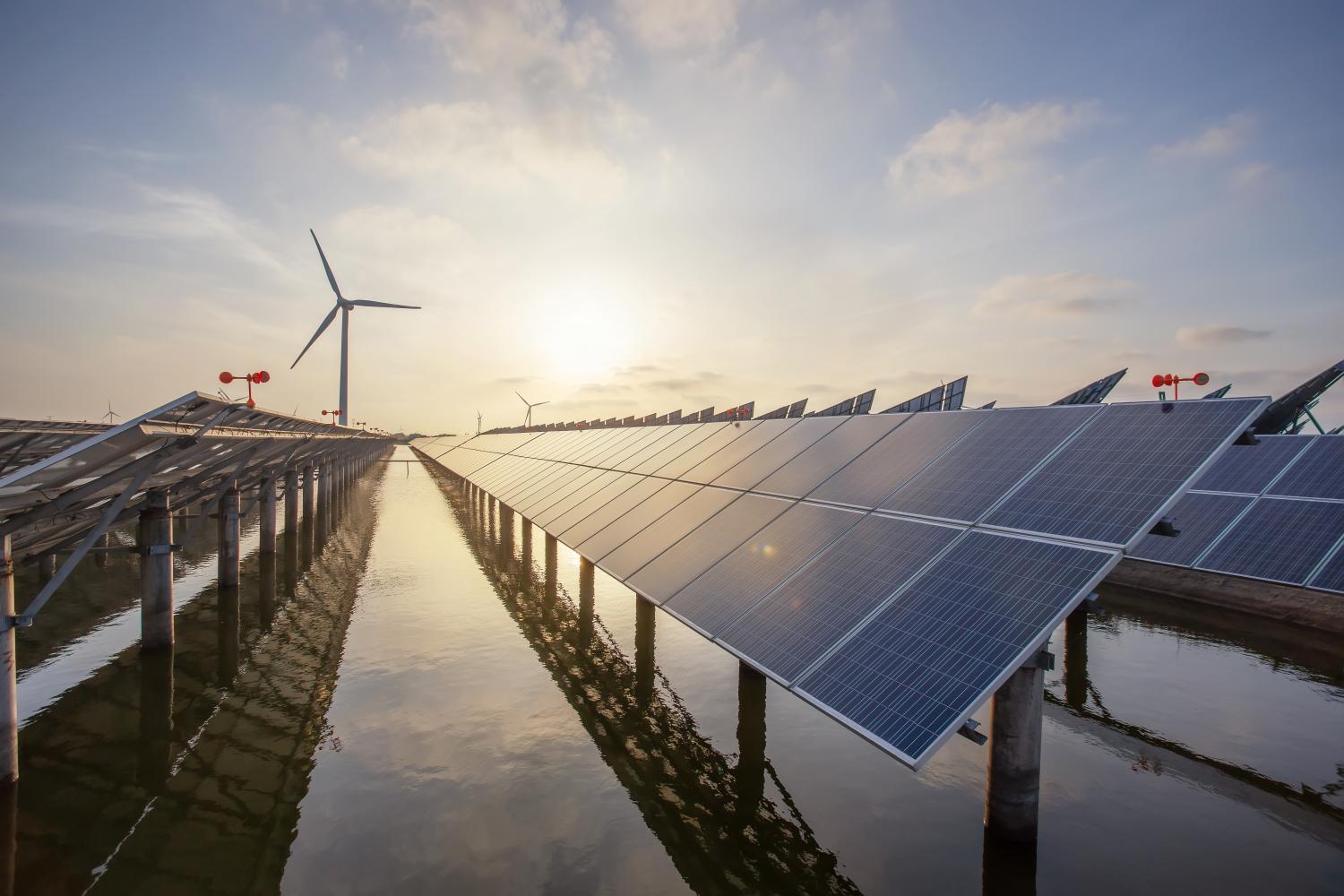 renewable wind turbines, solar panels, energy infrastructure