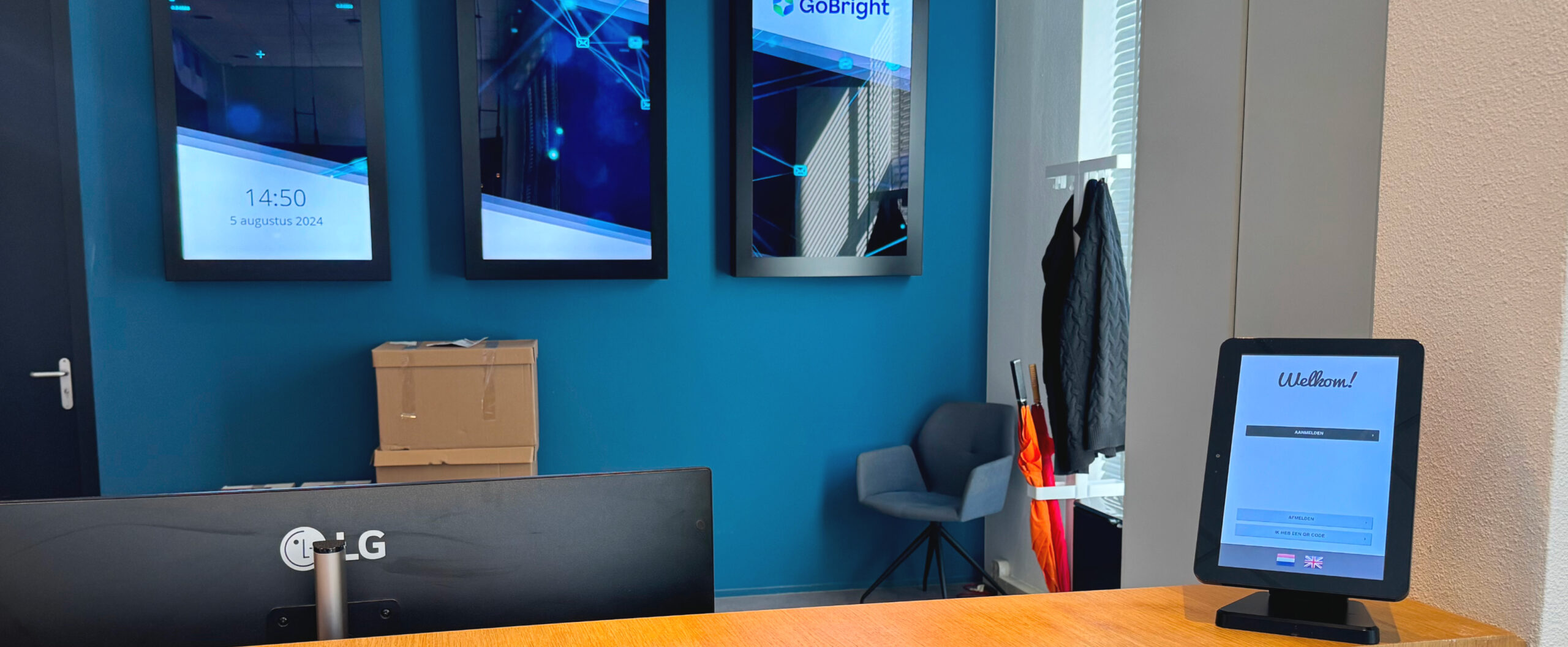 modern office desk with digital devices and security badges