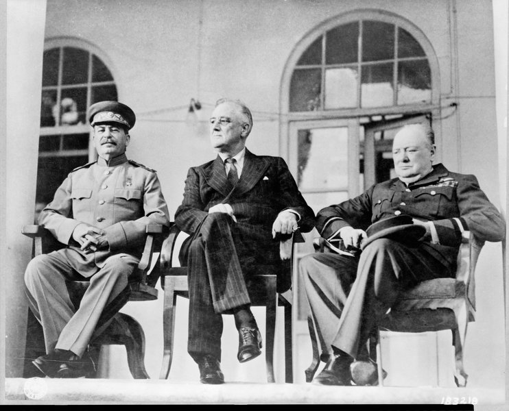 Image of Churchill, Roosevelt, and Stalin, the 'Big Three' Allied leaders, during World War II.