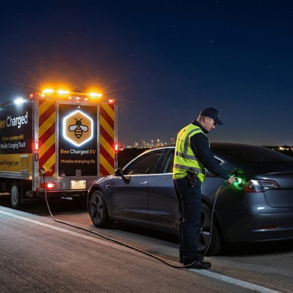 Roadside assistance for an EV, often due to a dead 12V battery, showcasing the need for mobile services.