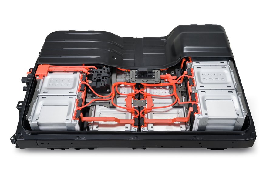 Inside a Nissan Leaf battery pack, showing the air channels used for cooling.