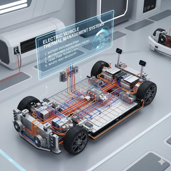 Illustration of a comprehensive EV thermal management system, showcasing interconnected cooling loops.