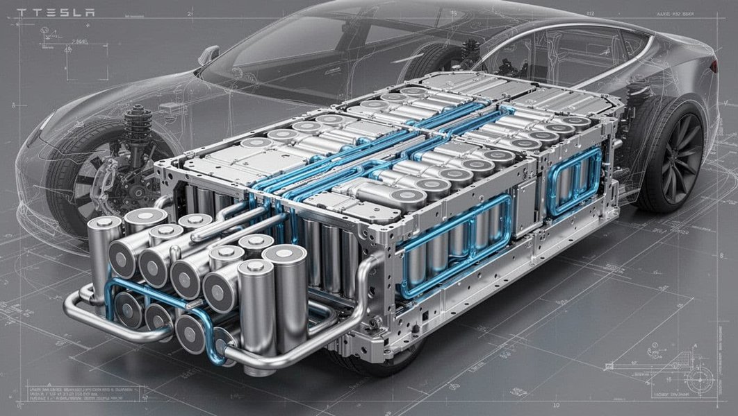 Tesla battery pack with visible cells and cooling lines
