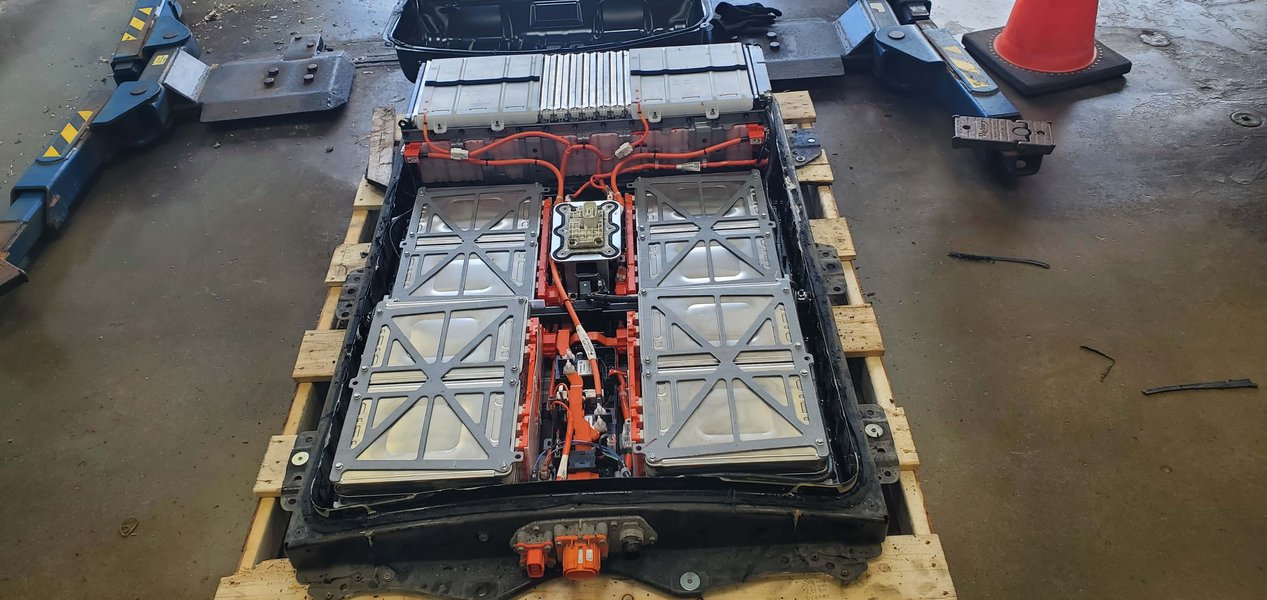 EV battery pack with internal components exposed