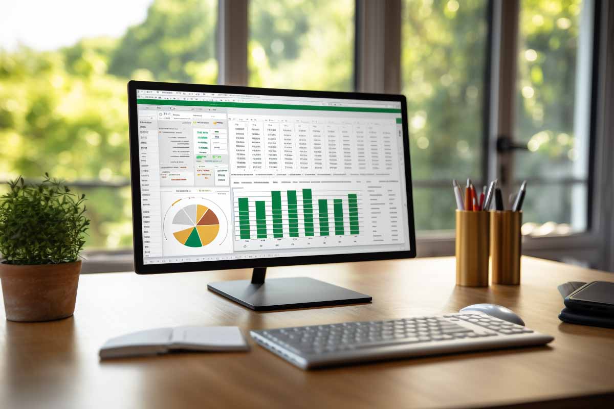 office desk with excel spreadsheets display
