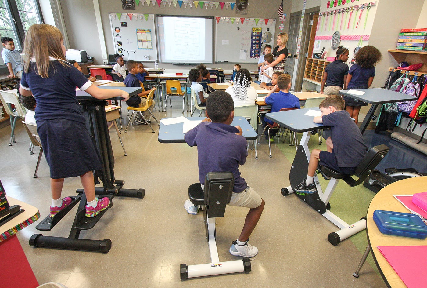 student exercising around study space