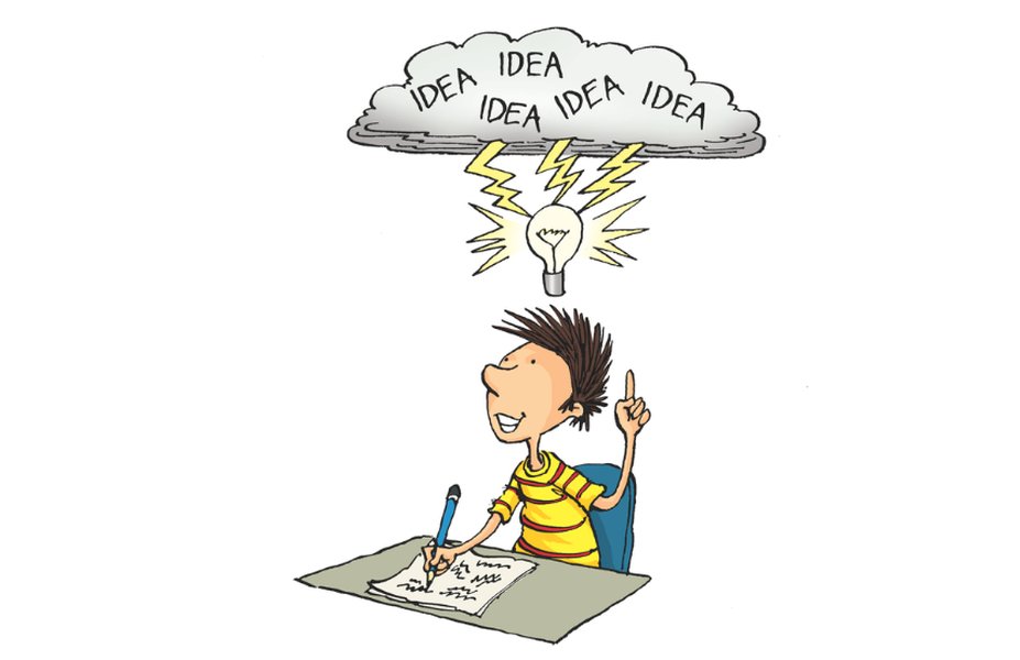 Illustration of students brainstorming with lightbulbs and ideas floating around