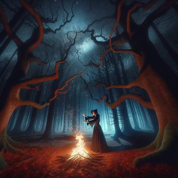 Asian witch conjuring fire in an enchanted night forest