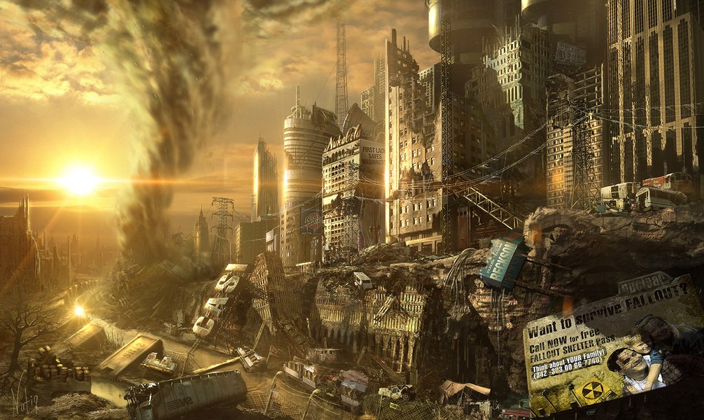 Rovine di una città post-apocalittica in stile Fallout
