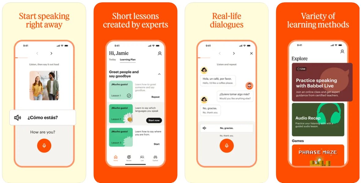 Screenshots of various language learning apps like Duolingo, Memrise, Babbel