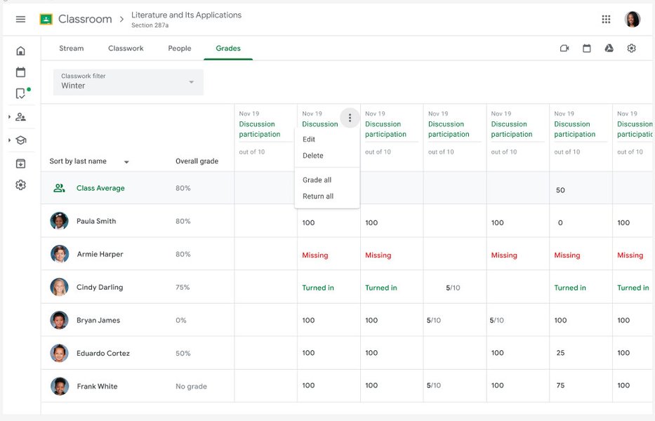 Bulk grading interface in Google Classroom